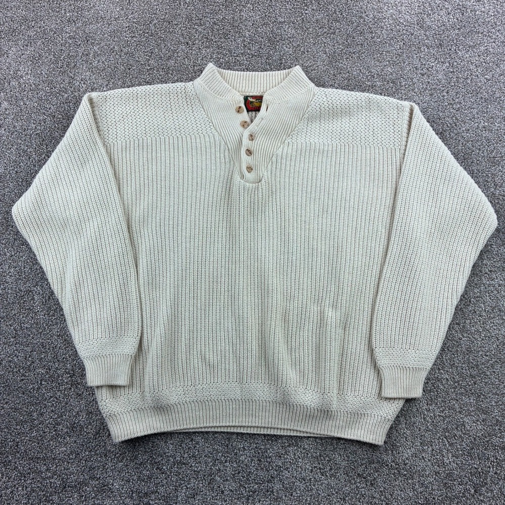 Vintage Alps Fisherman Sweater Mens XL Cream Cotton Henley Ribbed Knit Pullover